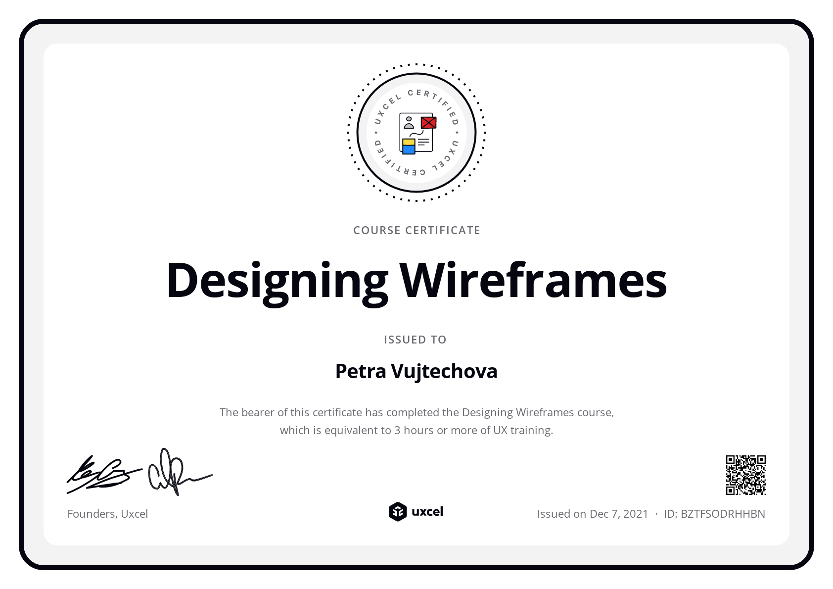 Petra Vujtechova's certificate